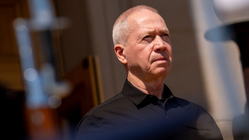 Israeli Defense Minister Yoav Gallant stand during an honor cordon at the Pentagon on June 25, 2024 in Arlington, Virginia.