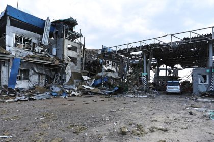 A destroyed border crossing point near the Russian town of Sudzha, in the Kursk region. Ukrainian forces took control of the town earlier this year.