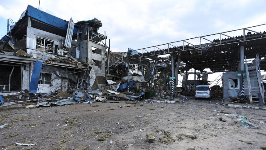 A destroyed border crossing point near the Russian town of Sudzha, in the Kursk region. Ukrainian forces took control of the town earlier this year.