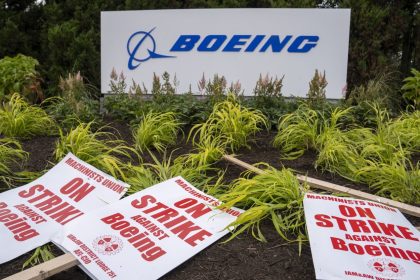 Picket signs outside the Boeing factory in Renton, Washington. The eight-week strike at the company ended when workers voted to accept a new four-year contract at Boeing on November 4.