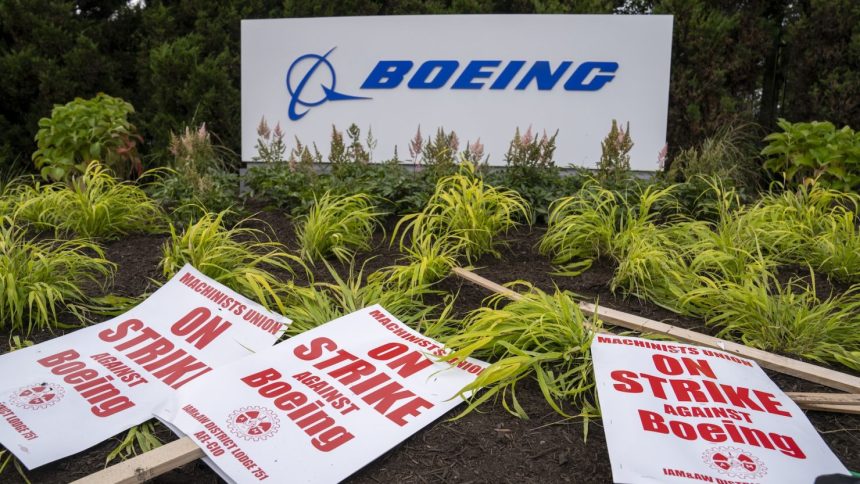 Picket signs outside the Boeing factory in Renton, Washington. The eight-week strike at the company ended when workers voted to accept a new four-year contract at Boeing on November 4.