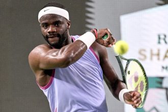 Tiafoe plays a shot at the Shanghai Masters on October 7.