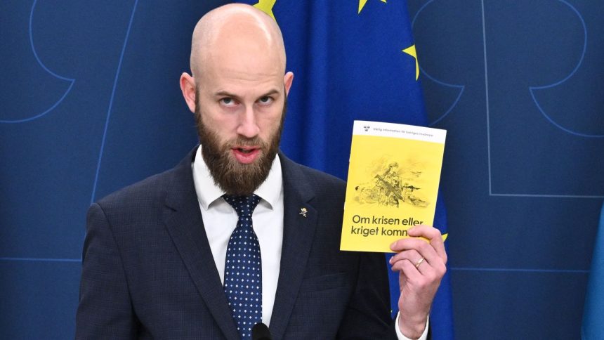 Sweden's Minister for Civil Defence, Carl-Oskar Bohlin, presents updated wartime guidance for residents, as European nations strengthen defense measures in the face of the conflict in Ukraine.