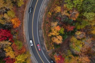 An aerial view of colorful fall foliage in Vermont and New Hampshire on October 13, 2024.