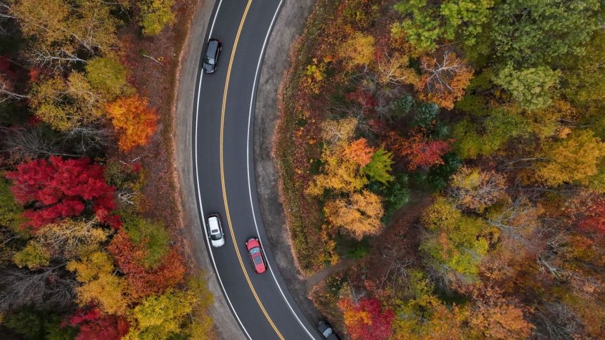 An aerial view of colorful fall foliage in Vermont and New Hampshire on October 13, 2024.