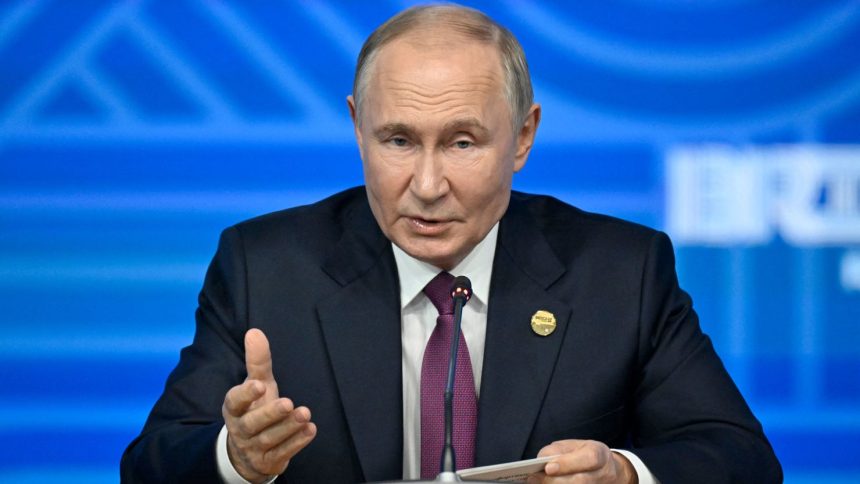 Vladimir Putin speaks during the BRICS summit in Kazan on October 24, 2024.