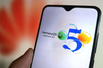 Huawei's HarmonyOS NEXT operating system is displayed on a smartphone screen with a Huawei logo in the background.