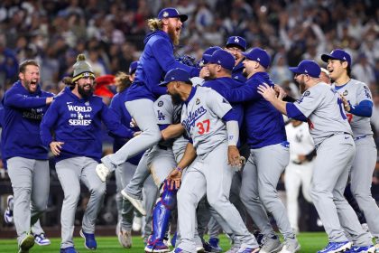 The Los Angeles Dodgers celebrate after they defeated the New York Yankees 7-6 in Game 5 to win the 2024 World Series at Yankee Stadium.