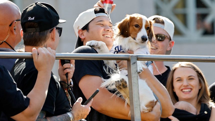 Shohei Ohtani celebrates on the bus with his dog Decoy during the Dodgers' victory parade.