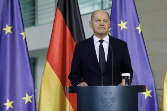 German Chancellor Olaf Scholz speaks at the Chancellery in Berlin on November 6, 2024, after the US presidential elections.