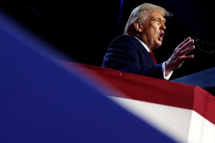 Republican presidential nominee, former President Donald Trump speaks during an election night event at the Palm Beach Convention Center in West Palm Beach, Florida, on November 06, 2024.