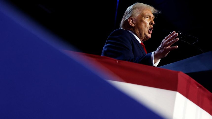 Republican presidential nominee, former President Donald Trump speaks during an election night event at the Palm Beach Convention Center in West Palm Beach, Florida, on November 06, 2024.