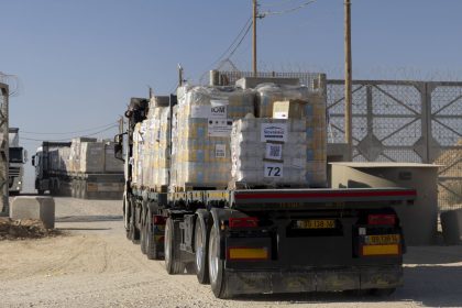 EREZ WEST CROSSING, ISRAEL - NOVEMBER 11: Trucks carrying humanitarian aid cross into the Gaza Strip on November 11, 2024 in Erez West Crossing, Israel. Last month, the UN's Acting Under-Secretary-General for Humanitarian Affairs and Emergency Relief, Joyce Msuya, said that Israel had blocked food aid from entering northern Gaza between October 2-15. According to the UN, more than 1.8 million Palestinians in Gaza are experiencing "extremely critical" levels of hunger. (Photo by Amir Levy/Getty Images)