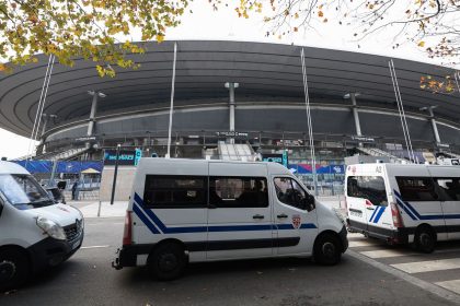 TOPSHOT - French riot policemen secure the Stade-de-France ahead of the training for the French and Israeli teams, on the eve of the UEFA Nations League football match between France and Israel, in Saint-Denis, north of Paris, on November 13, 2024. (Photo by FRANCK FIFE / AFP) (Photo by FRANCK FIFE/AFP via Getty Images)