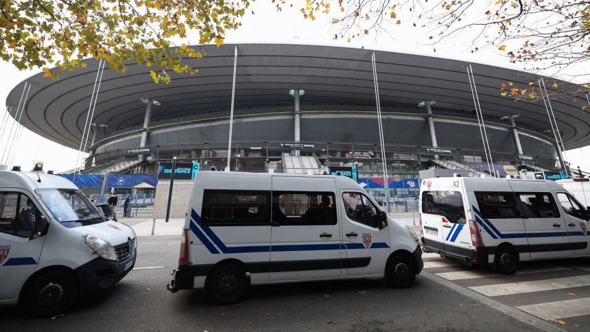 TOPSHOT - French riot policemen secure the Stade-de-France ahead of the training for the French and Israeli teams, on the eve of the UEFA Nations League football match between France and Israel, in Saint-Denis, north of Paris, on November 13, 2024. (Photo by FRANCK FIFE / AFP) (Photo by FRANCK FIFE/AFP via Getty Images)