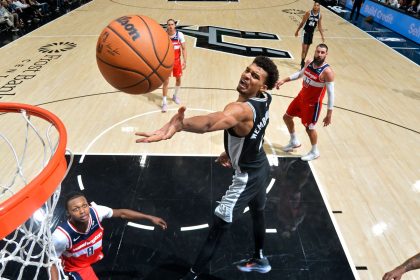 Victor Wembanyama drives to the basket during the San Antonio Spurs' game against the Washington Wizards at the Frost Bank Center.