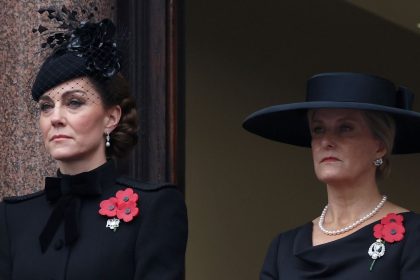 Catherine, Princess of Wales and Sophie, Duchess of Edinburgh view the National Service of Remembrance at the Cenotaph on Sunday in London.