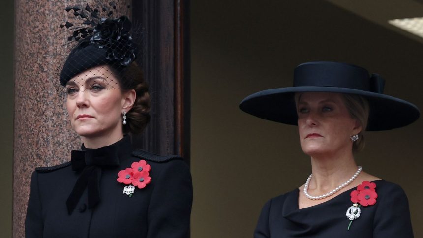 Catherine, Princess of Wales and Sophie, Duchess of Edinburgh view the National Service of Remembrance at the Cenotaph on Sunday in London.