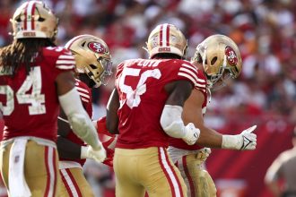 Nick Bosa (right) does the 'Trump dance' with teammates after a sack during the San Francisco 49ers' Week 10 win over the Tampa Bay Buccaneers.