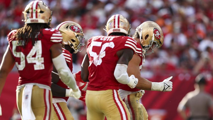 Nick Bosa (right) does the 'Trump dance' with teammates after a sack during the San Francisco 49ers' Week 10 win over the Tampa Bay Buccaneers.