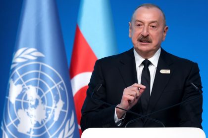 Azerbaijani President Ilham Aliyev delivers his opening remarks on November 12 at the COP29 climate conference in Baku, in which he described oil and gas as a "gift of the god."