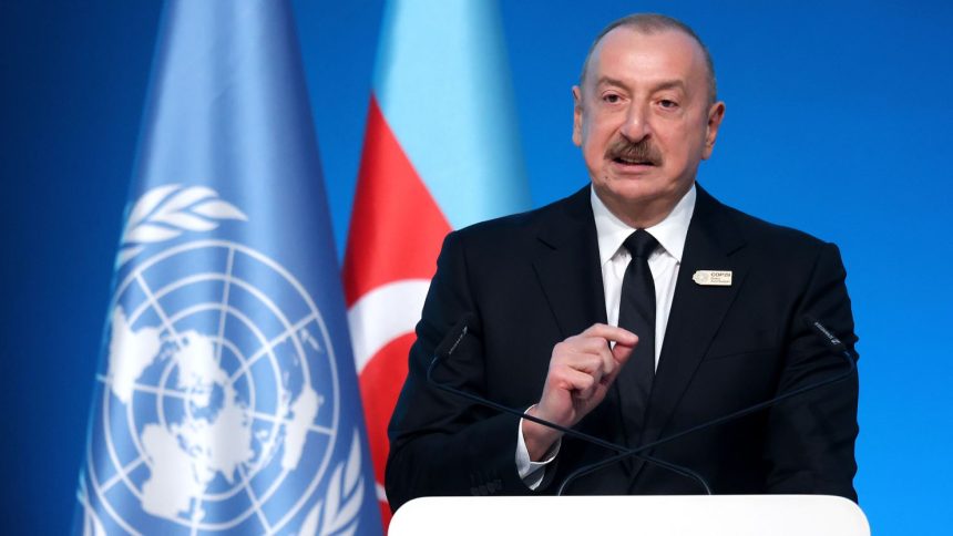 Azerbaijani President Ilham Aliyev delivers his opening remarks on November 12 at the COP29 climate conference in Baku, in which he described oil and gas as a "gift of the god."