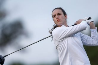 BELLEAIR, FLORIDA - NOVEMBER 13: Caitlin Clark, professional basketball player, plays her shot from the second tee during a Pro-Am prior to The ANNIKA driven by Gainbridge at Pelican 2024 at Pelican Golf Club on November 13, 2024 in Belleair, Florida. (Photo by Douglas P. DeFelice/Getty Images)