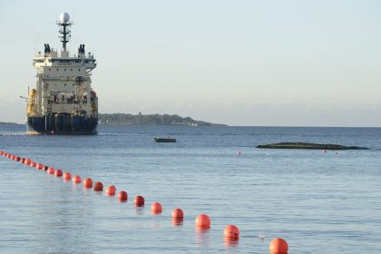 This picture, taken in October 2015, shows the C-Lion1 submarine telecommunications cable being laid to the bottom of the Baltic Sea.