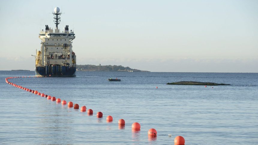 This picture, taken in October 2015, shows the C-Lion1 submarine telecommunications cable being laid to the bottom of the Baltic Sea.