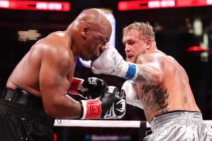 Jake Paul lands a punch on Mike Tyson during their fight at AT&T Stadium in Arlington, Texas, on November 15.