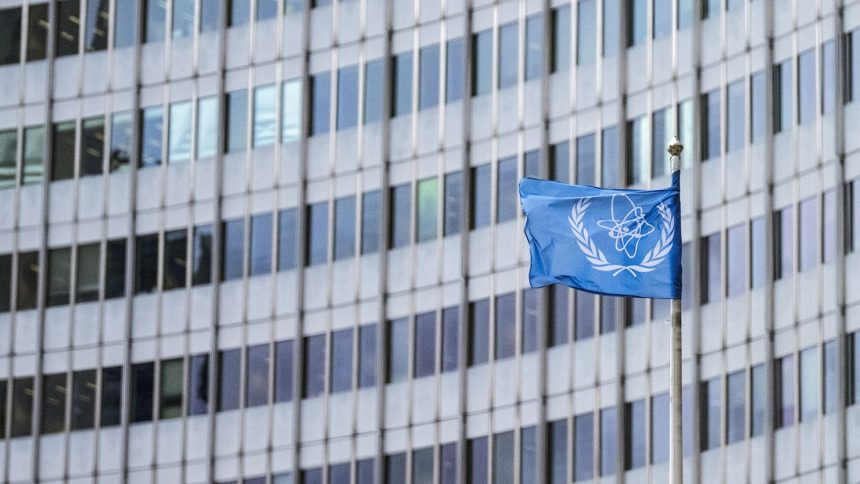 The IAEA flag flutters in the wind outside of the IAEA headquarters during the International Atomic Energy Agency IAEA's Board of Governors meeting at the agency's headquarters in Vienna, Austria, on November 20, 2024.