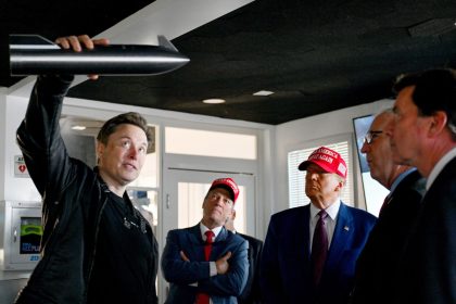 Elon Musk gives a tour to President-elect Donald Trump and lawmakers of the control room before the launch of the sixth test flight of the SpaceX Starship rocket on November 19, 2024 in Brownsville, Texas.