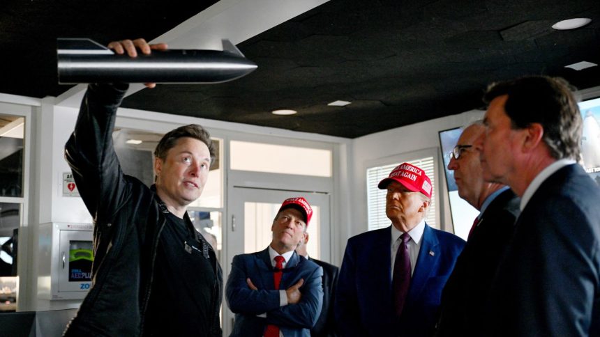 Elon Musk gives a tour to President-elect Donald Trump and lawmakers of the control room before the launch of the sixth test flight of the SpaceX Starship rocket on November 19, 2024 in Brownsville, Texas.