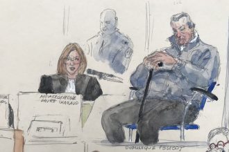 Court sketch shows Dominique Pelicot (right) during his trial in Avignon.