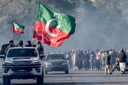 Pakistan Tehreek-e-Insaf (PTI) party's supporters protest to demand the release of former prime minister Imran Khan, in Hasan Abdal, Punjab province on November 25.