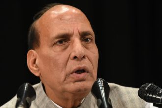 Defence Minister Rajnath Singh speaks at a meeting in 2017 when he was the then Union Minister of Home Affairs.