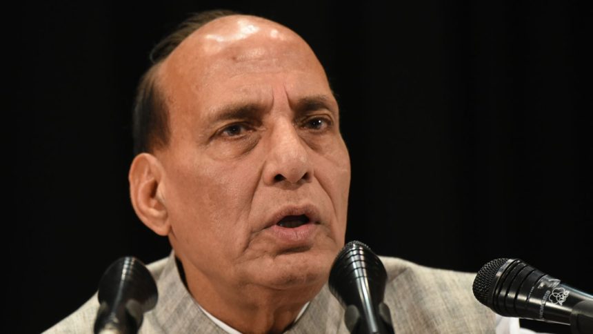 Defence Minister Rajnath Singh speaks at a meeting in 2017 when he was the then Union Minister of Home Affairs.