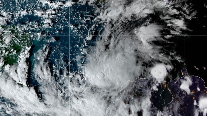 A satellite image of Potential Tropical Cyclone Eighteen provided by NOAA on Sunday afternoon, November 3.