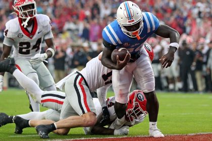 Ole Miss running back Ulysses Bentley IV scores a touchdown during the first half against the Georgia Bulldogs at Vaught-Hemingway Stadium.