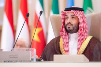 Saudi Crown Prince Mohammed bin Salman addresses the joint extraordinary leaders summit of the Organization of Islamic Cooperation and the Arab League on Monday.