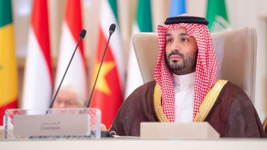 Saudi Crown Prince Mohammed bin Salman addresses the joint extraordinary leaders summit of the Organization of Islamic Cooperation and the Arab League on Monday.