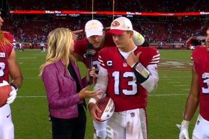 San Francisco 49ers star Nick Bosa crashes his teammates' postgame interview on NBC while wearing a MAGA hat.