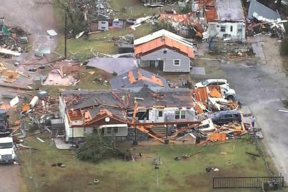 Damaged homes in an Oklahoma City area neighborhood are seen in this aerial image.