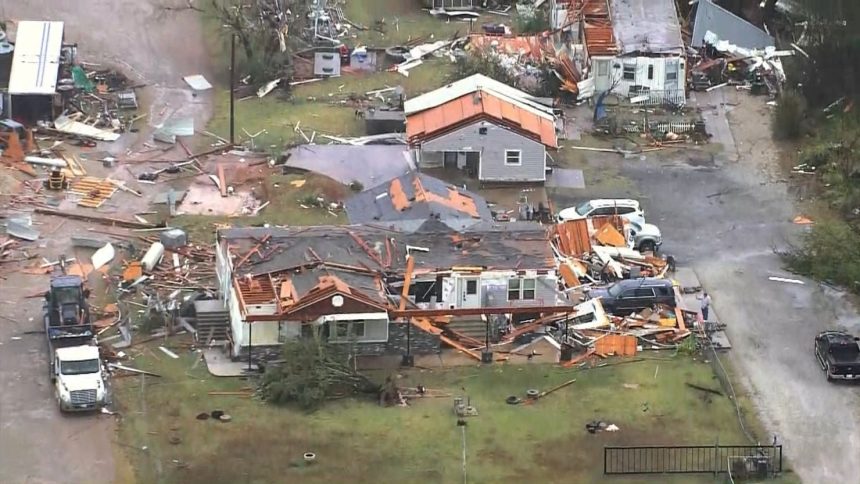 Damaged homes in an Oklahoma City area neighborhood are seen in this aerial image.