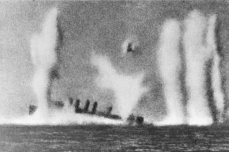 U.S. Navy Clemson-class destroyer USS Edsall (DD-219) (misidentified as "HMS Pope") being sunk on 1 March 1942 south of Java.