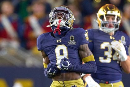 Notre Dame Fighting Irish safety Adon Shuler celebrates after a play during the game between the Notre Dame Fighting Irish and the Indiana Hoosiers.