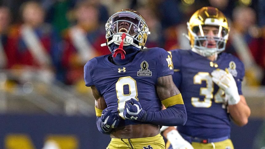 Notre Dame Fighting Irish safety Adon Shuler celebrates after a play during the game between the Notre Dame Fighting Irish and the Indiana Hoosiers.