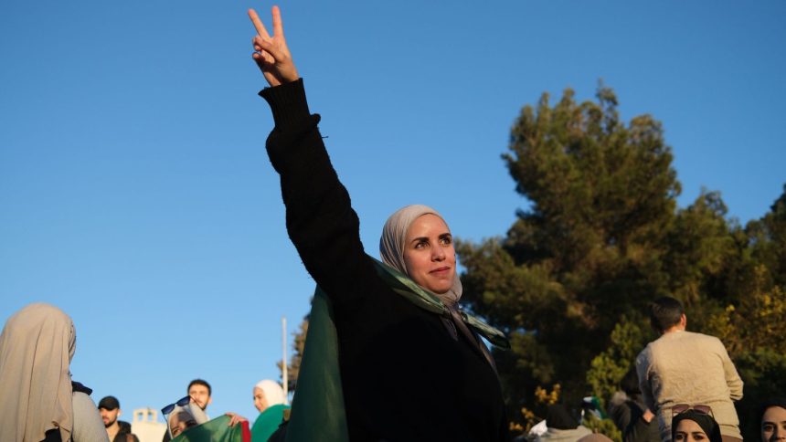 A young woman joins the celebrations of the collapse of the Assad regime.