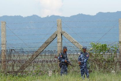 Myanmar border police patrol near the Bangladesh border outside Maungdaw in Rakhine state on November 12, 2017.