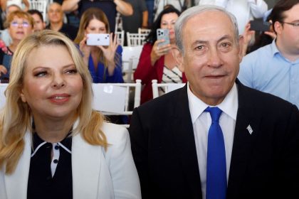 Israeli Prime Minister Benjamin Netanyahu, flanked by his wife Sara Netanyahu, attends an inauguration event for Israel's new light rail line for the Tel Aviv metropolitan area, in Petah Tikva, Israel, August 17, 2023.